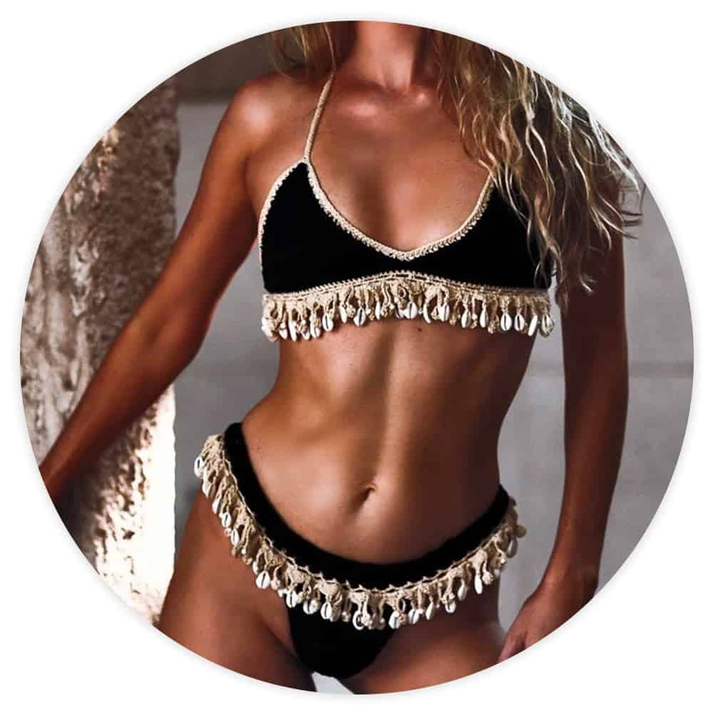 Bañador Conchas Bikini Brasileño De Ganchillo Negro