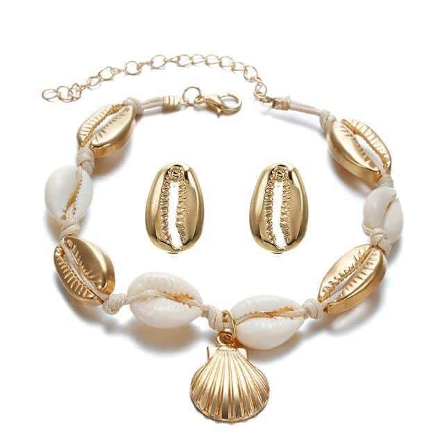 Conjunto De Conchas Joyas Cauri Dorado