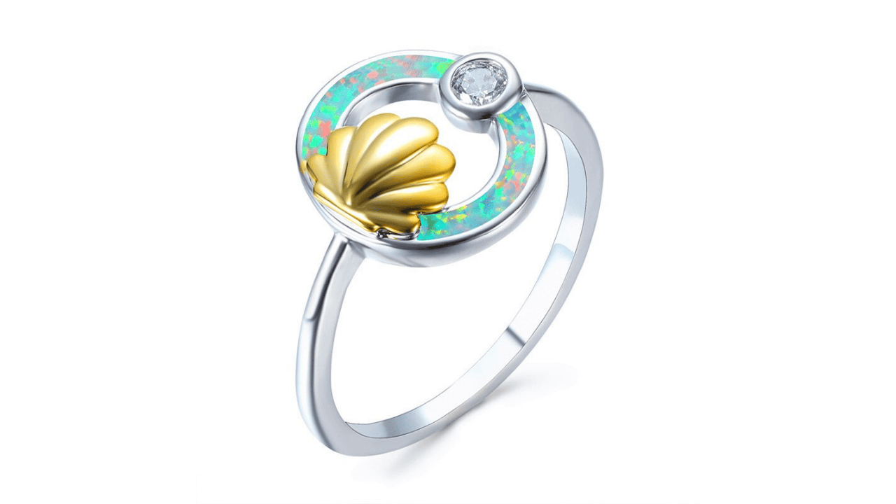 Anillo Concha Compromiso Con Ópalo De Fuego Blanco