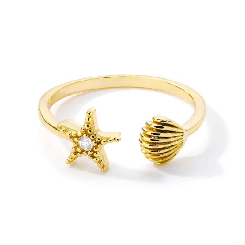 Anillo Concha Estrella De Mar De Oro Y Perla Incrustada