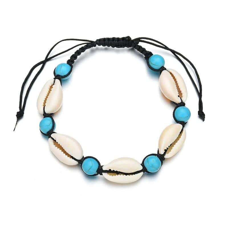 Pulsera Conchas Caracola, Perlas Azules Y Cordón Negro