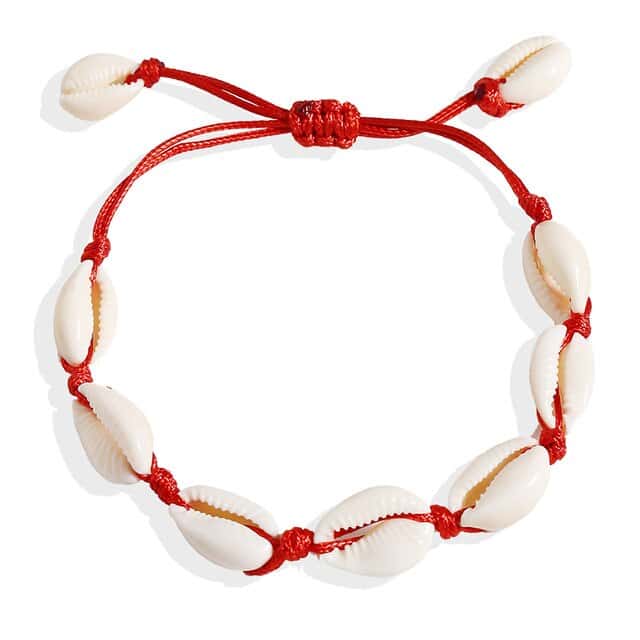 Pulsera Conchas Caracoles Cordón Rojo
