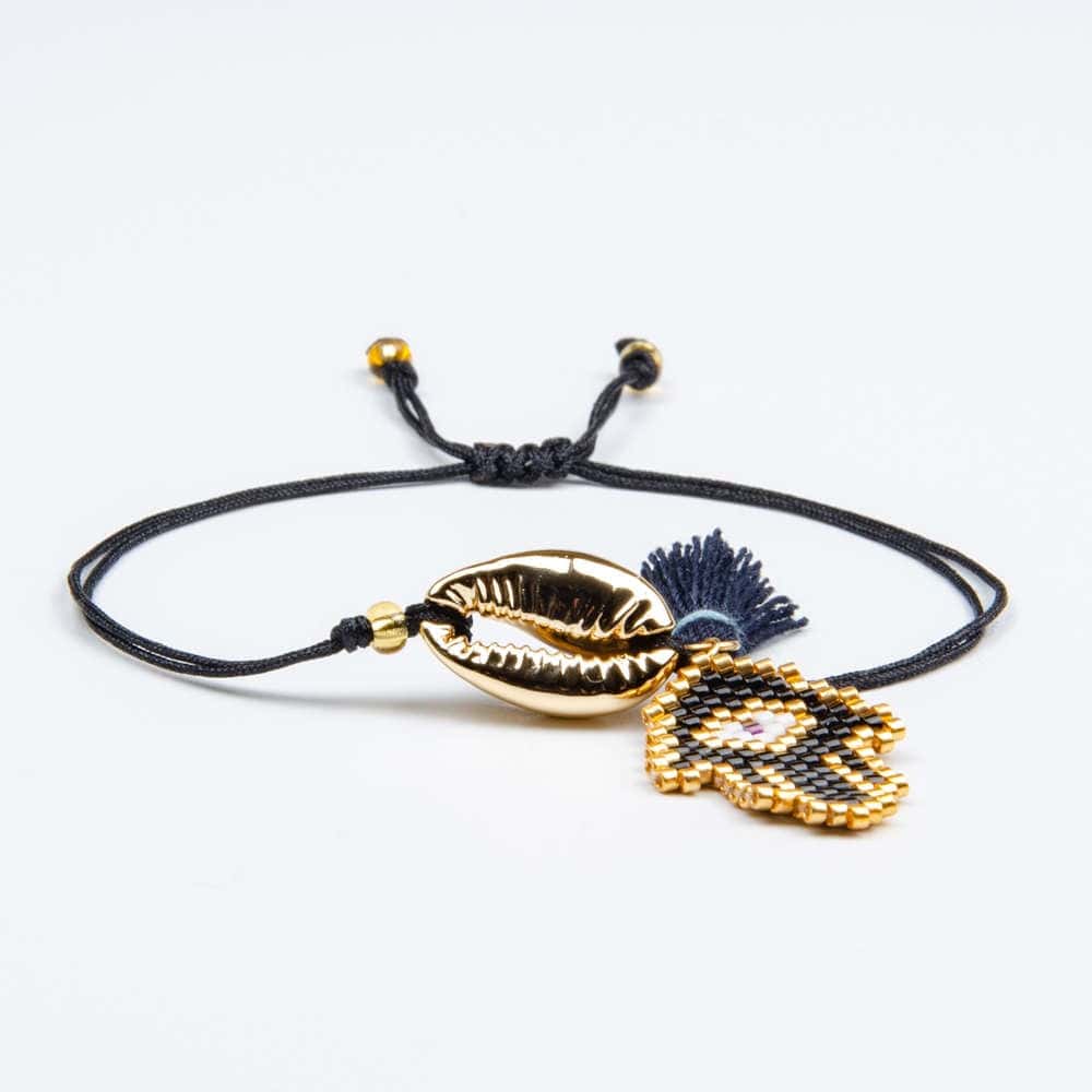 Pulsera Conchas Caracol De Oro Mano De Fátima Azul Noche