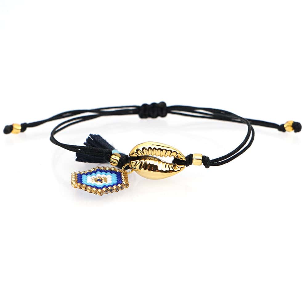 Pulsera Conchas Caracola Dorada Y Ojo Azul