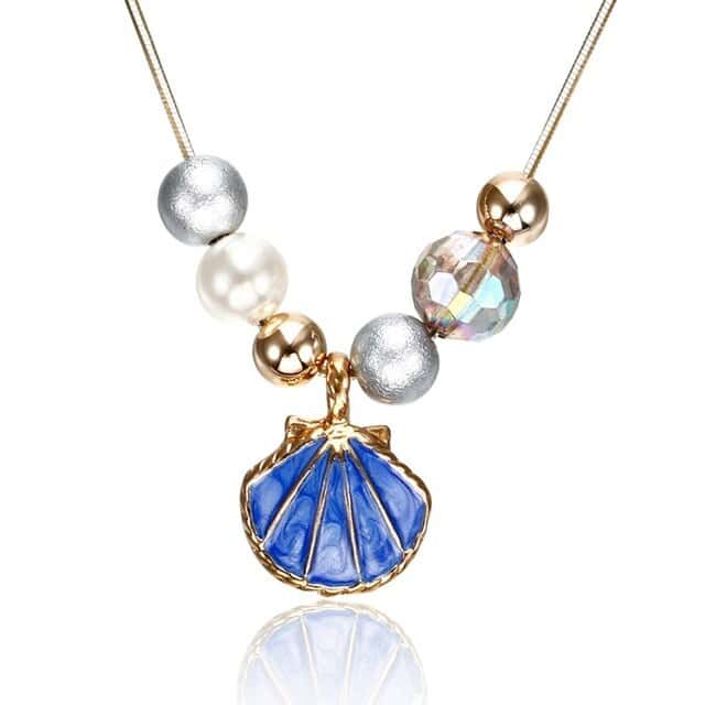 Collar De Conchas Vieiras Azules Y Perlas