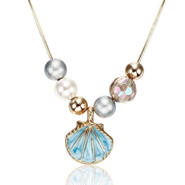 Collar De Conchas Vieiras Turquesa Y Perlas