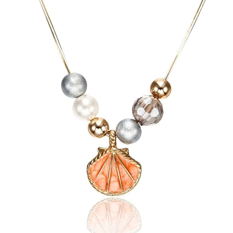 Collar De Conchas Vieiras Naranjas Y Perlas