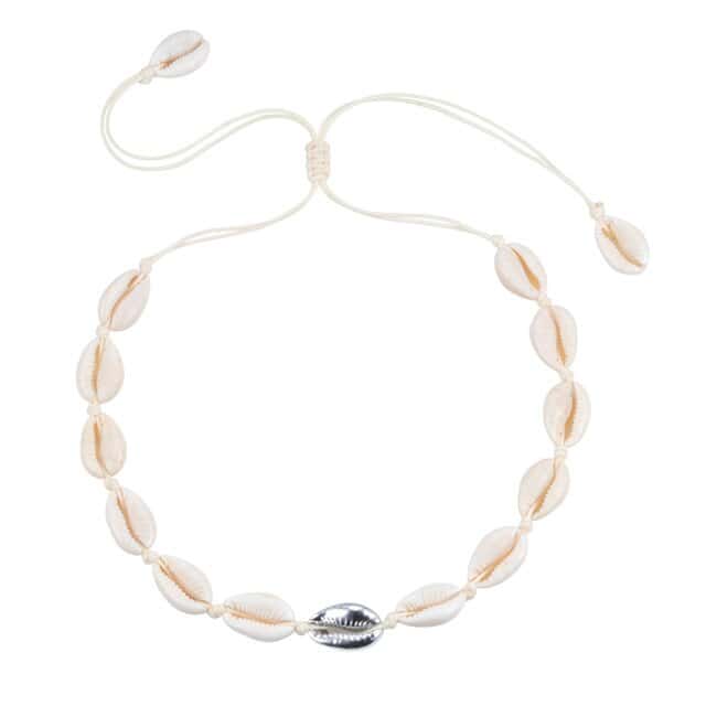 Collar De Conchas Cauri Blanco Y Plateado