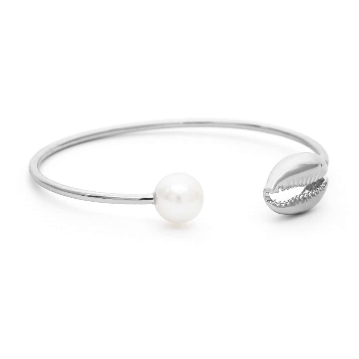 Pulsera Conchas Cauri Y Perla Blanca (Plateado)