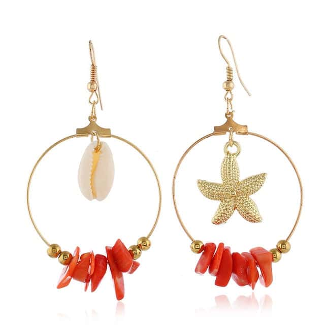 Pendientes Conchas Aros De Cauri, Estrella De Mar Y Piedras Rojas