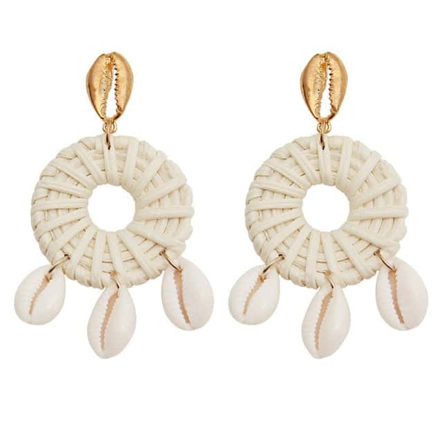 Pendientes Conchas Cauris Y Paja Trenzada