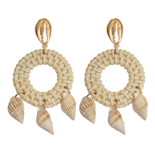 Pendientes Conchas Paja Trenzada Y Caracoles