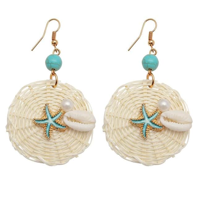 Pendientes Conchas Paja Trenzada Y Estrellas De Mar
