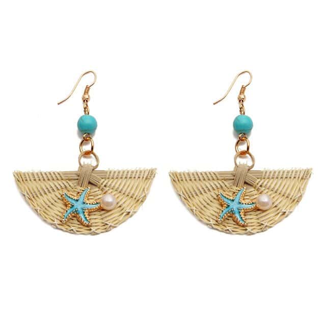 Pendientes Conchas Ratán Y Estrella De Mar "Semicírculo"