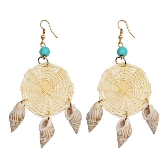 Pendientes Conchas Paja Trenzada Y Perlas Azules