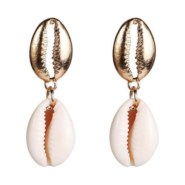 Pendientes Conchas Cauri Blanco Y Dorado