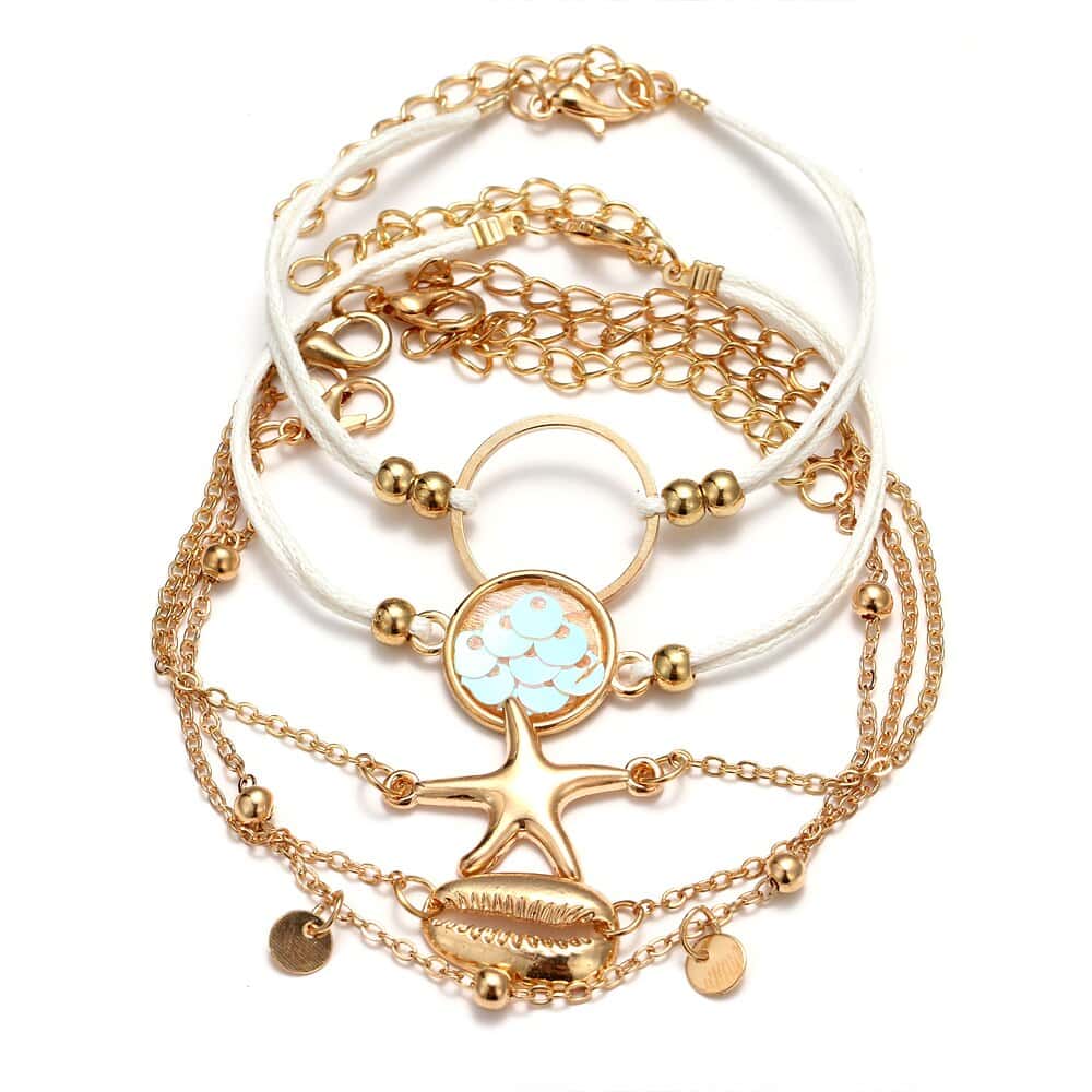 Pulsera Conchas Múltiple Con Caracola, Estrella De Mar Y Escamas