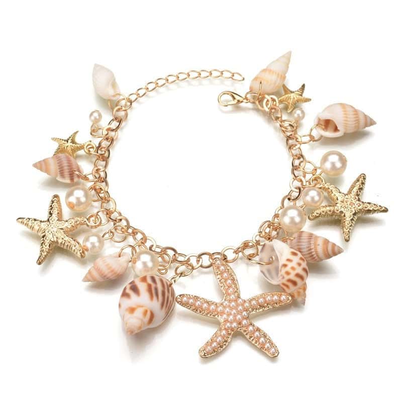 Pulsera Conchas Charm Con Estrellas De Mar Y Perlas