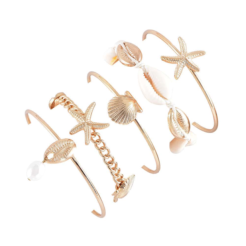 Pulsera Conchas Múltiple De 5 Piezas, Perlas, Caracola Y Estrella De Mar