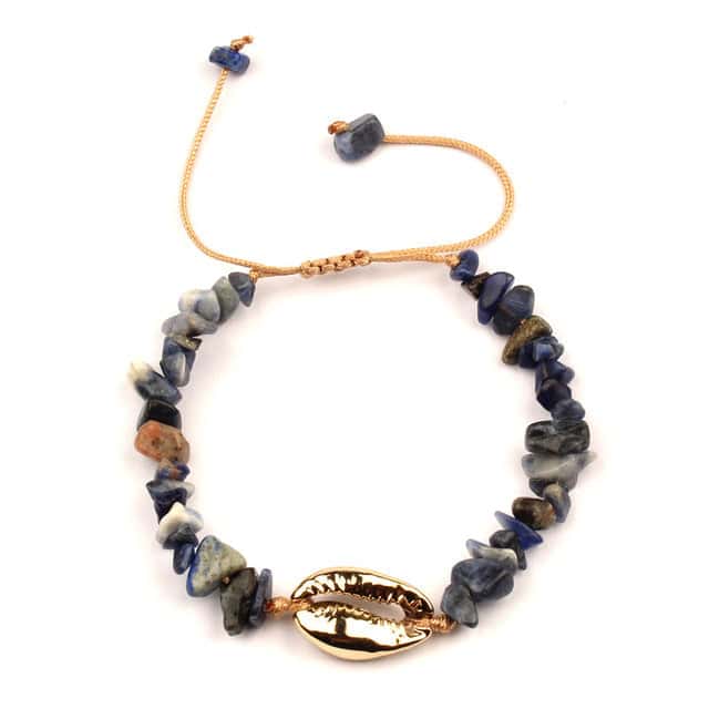 Pulsera Conchas Caracola Dorada Y Piedras Oscuras