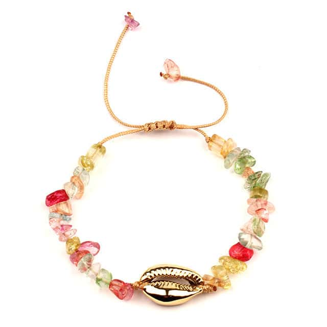 Pulsera Conchas Caracola Dorada Y Piedras Multicolores