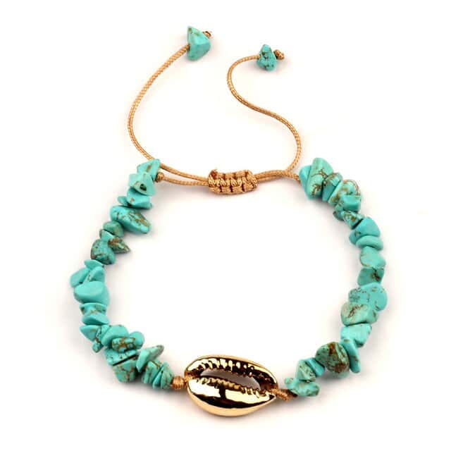 Pulsera Conchas Caracola Dorada Y Piedras Turquesa