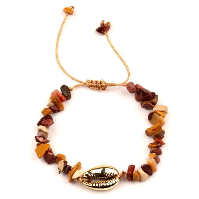 Pulsera Conchas Caracola Dorada Y Piedras Marrones