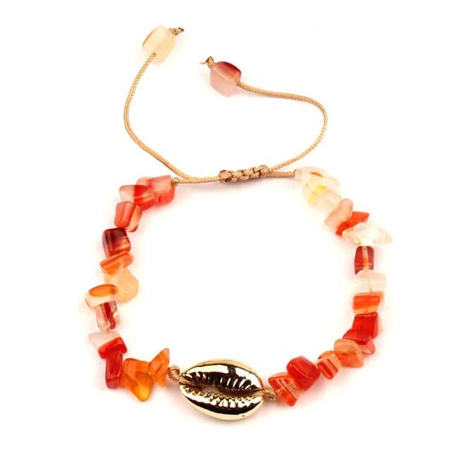 Pulsera Conchas Caracola Dorada Y Piedras Rojas