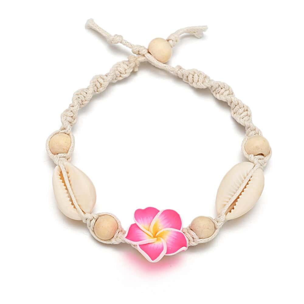 Tobillera Conchas Caracola Blanca Y Flor Rosa