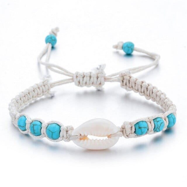 Pulsera Conchas Caracol Blanco Y Perlas Azules