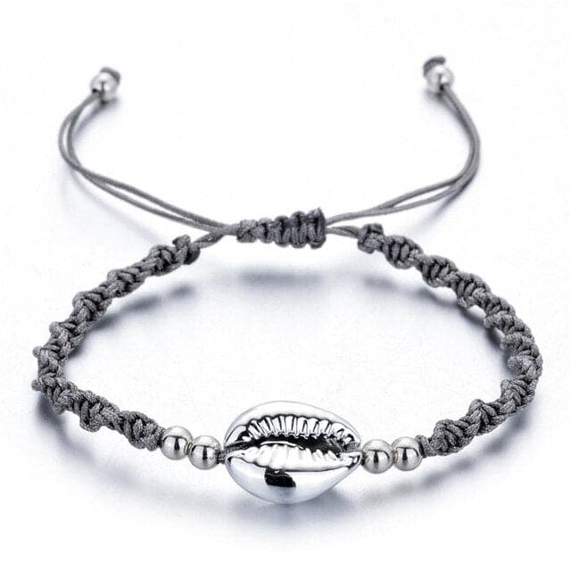 Pulsera Conchas Caracola Plateada Y Cordón Gris