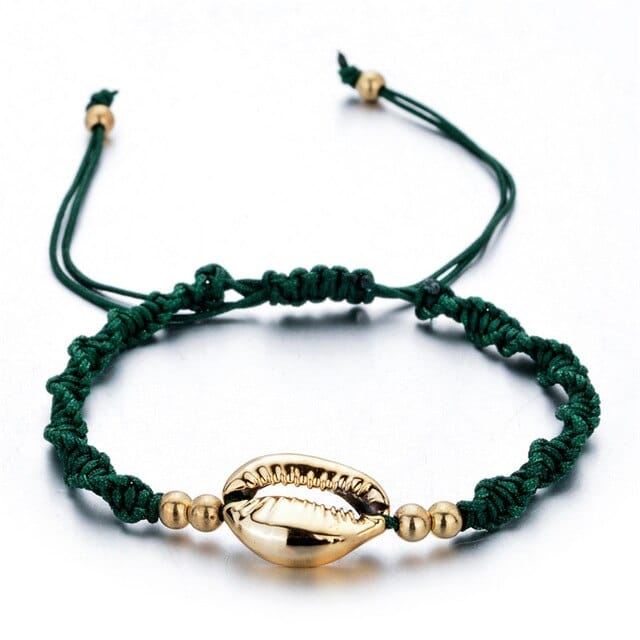 Pulsera Conchas Caracola Dorada Y Cordón Verde
