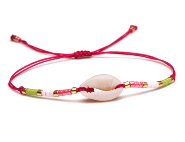 Pulsera Conchas Cauri Cordón Rosa