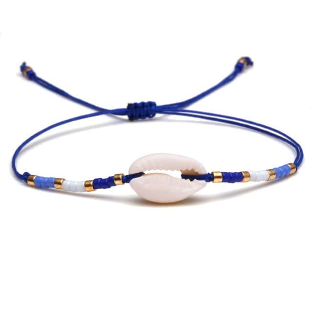 Pulsera Conchas Cauri Cordón Azul