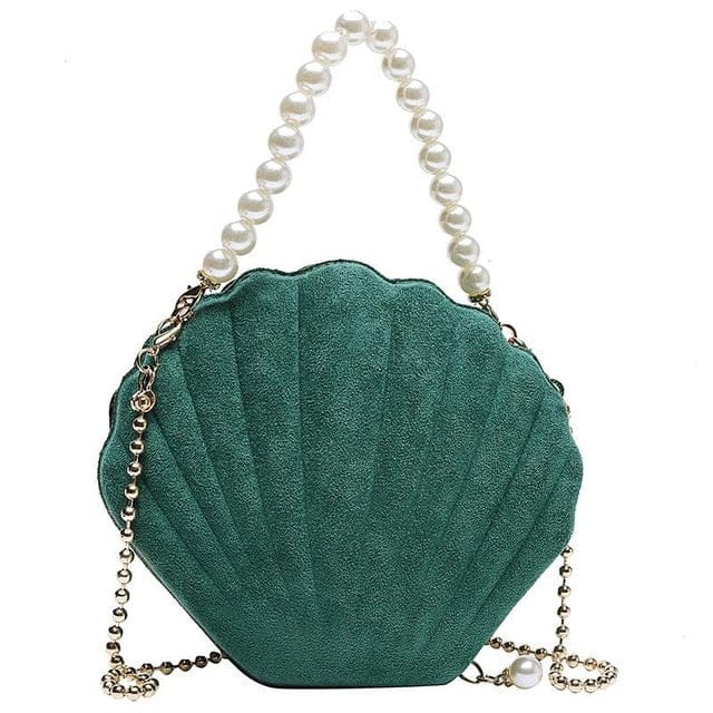 Bolso Concha Verde Y Perlas Blancas