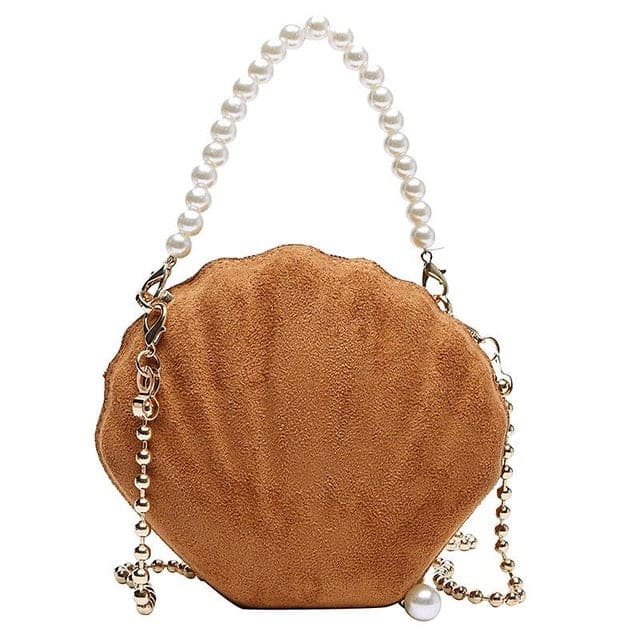 Bolso Concha Marrón Y Perlas Blancas