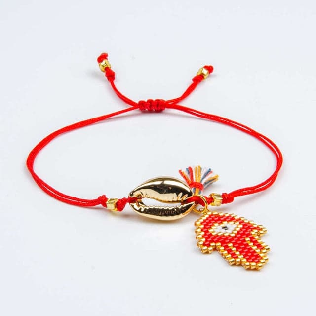 Pulsera Conchas Caracol De Oro Mano De Fátima Rojo