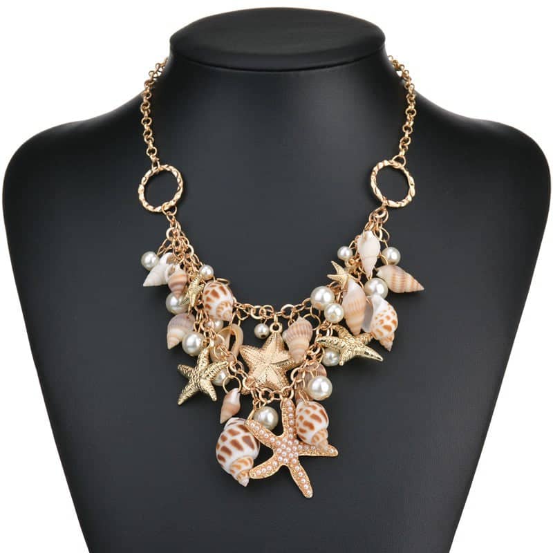 Collar De Conchas Amuleto Con Estrellas De Mar Y Perlas