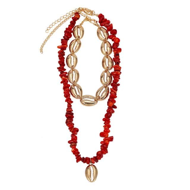 Collar De Conchas Cauri Dorados Y Perlas Rojas