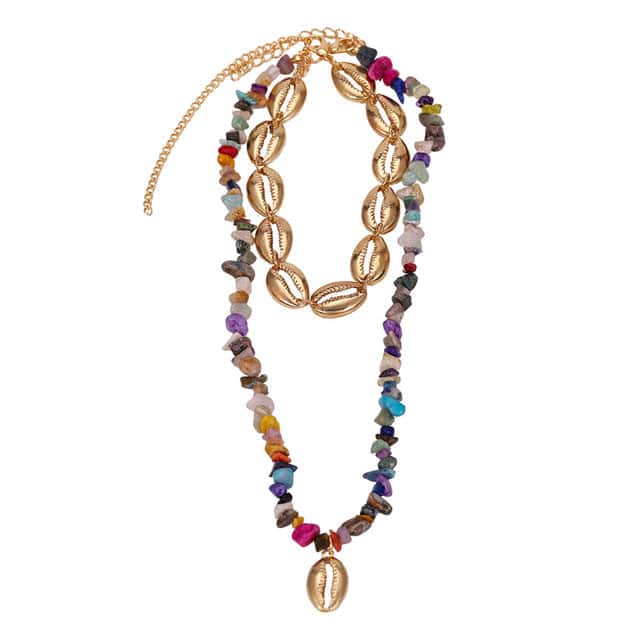 Collar De Conchas Cauri Dorados Y Perlas Multicolores