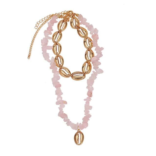Collar De Conchas Cauri Dorados Y Perlas Rosas