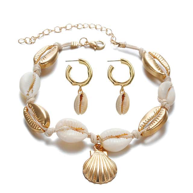 Conjunto De Conchas Joyas Cauri Dorado
