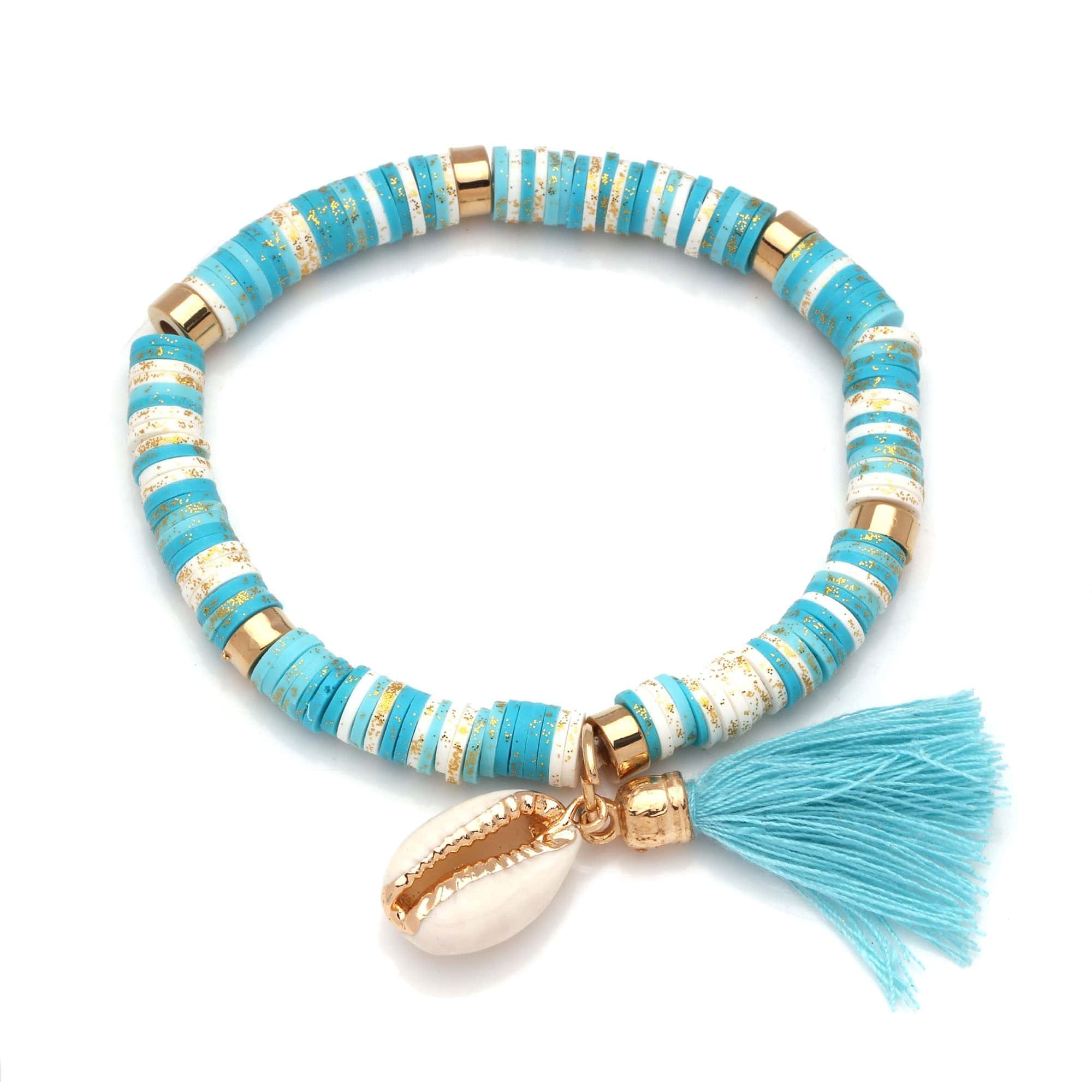 Pulsera Conchas Perlas Planas Turquesa Y Caracol