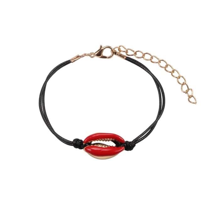 Pulsera Conchas Caracol Rojo Cordón Negro