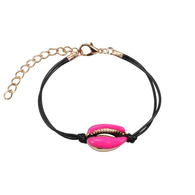 Pulsera Conchas Caracol Rosa Cordón Negro
