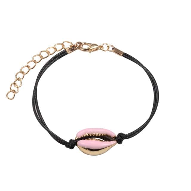 Pulsera Conchas Caracol Rosa Claro Cordón Negro
