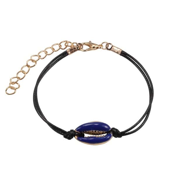 Pulsera Conchas Caracol Azul Noche Cordón Negro