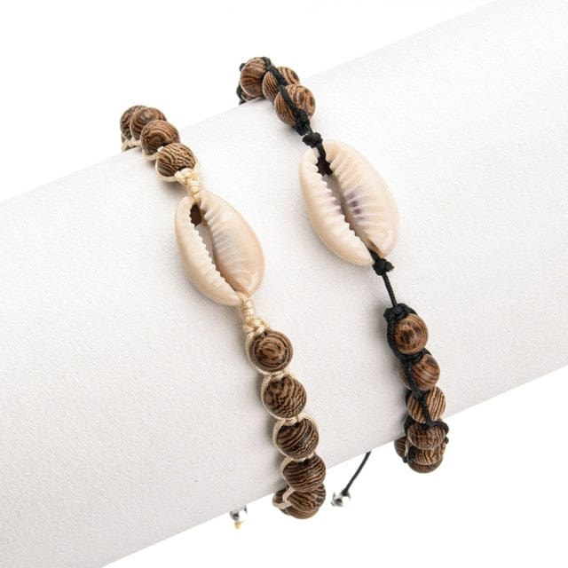 Pulsera Conchas Doble Caracol Y Perlas De Madera