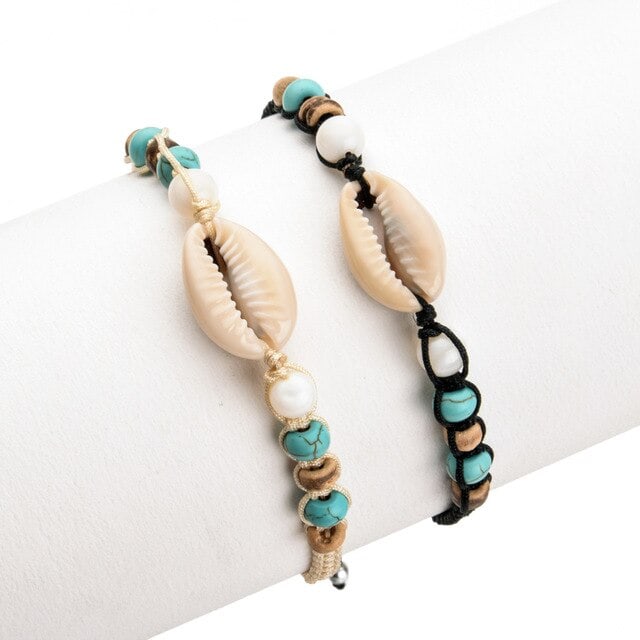 Pulsera Conchas Doble Caracol Y Perlas Blancas