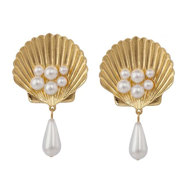 Pendientes Conchas Dorado Y Perlas